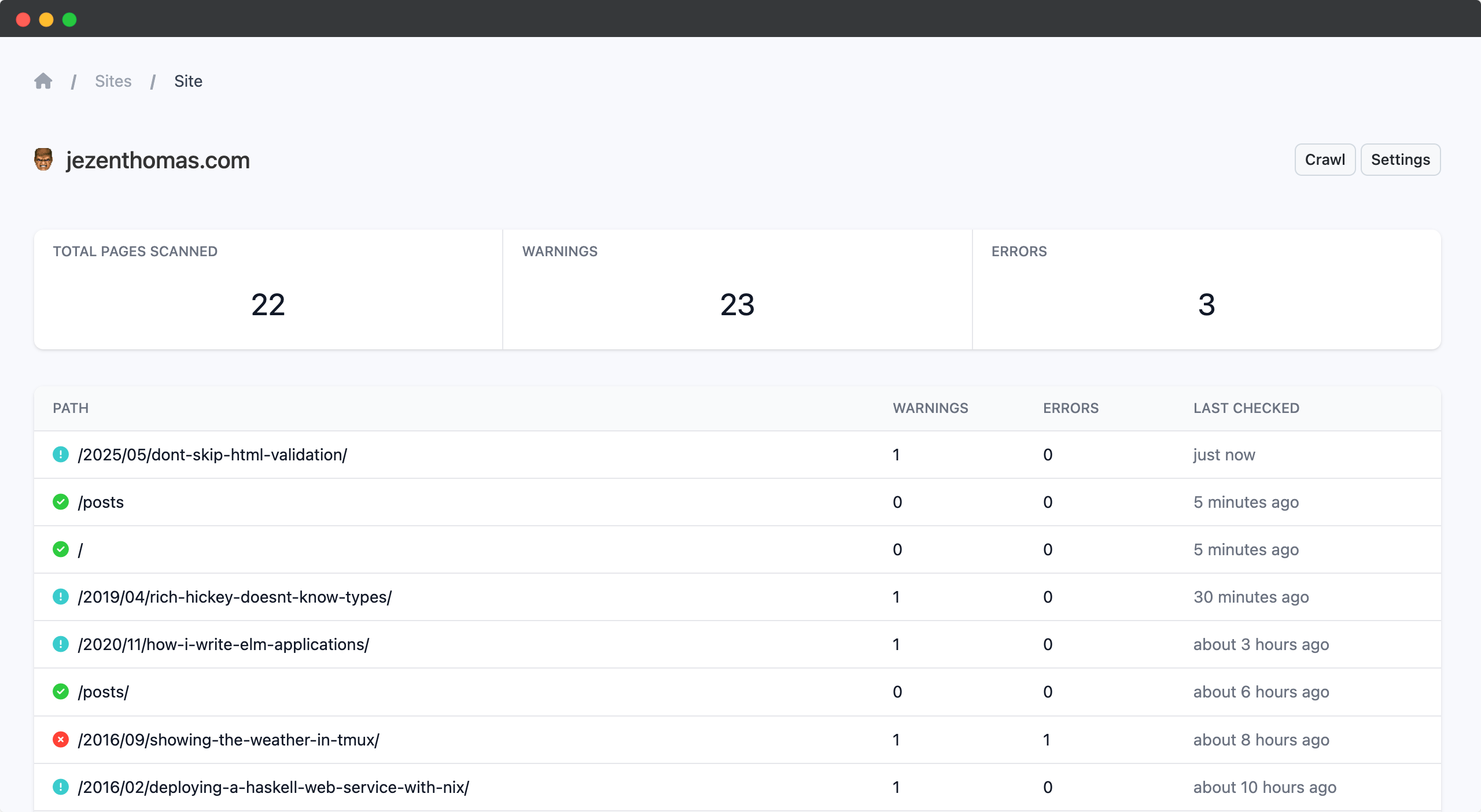 A dashboard for a website showing aggregated validation statistics.