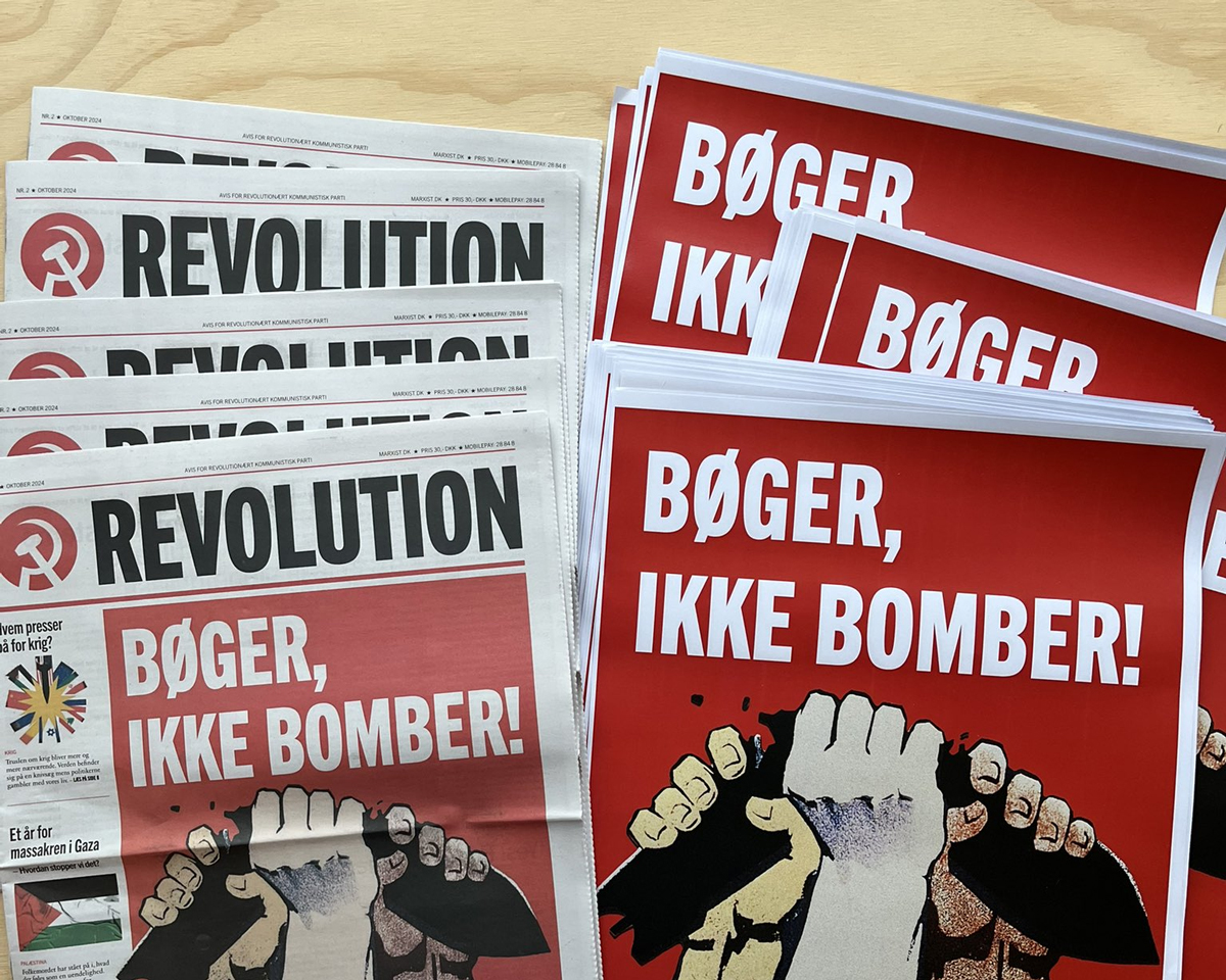 Campaign material from a Danish revolutionary communist organisation saying 'Books, not Bombs'.