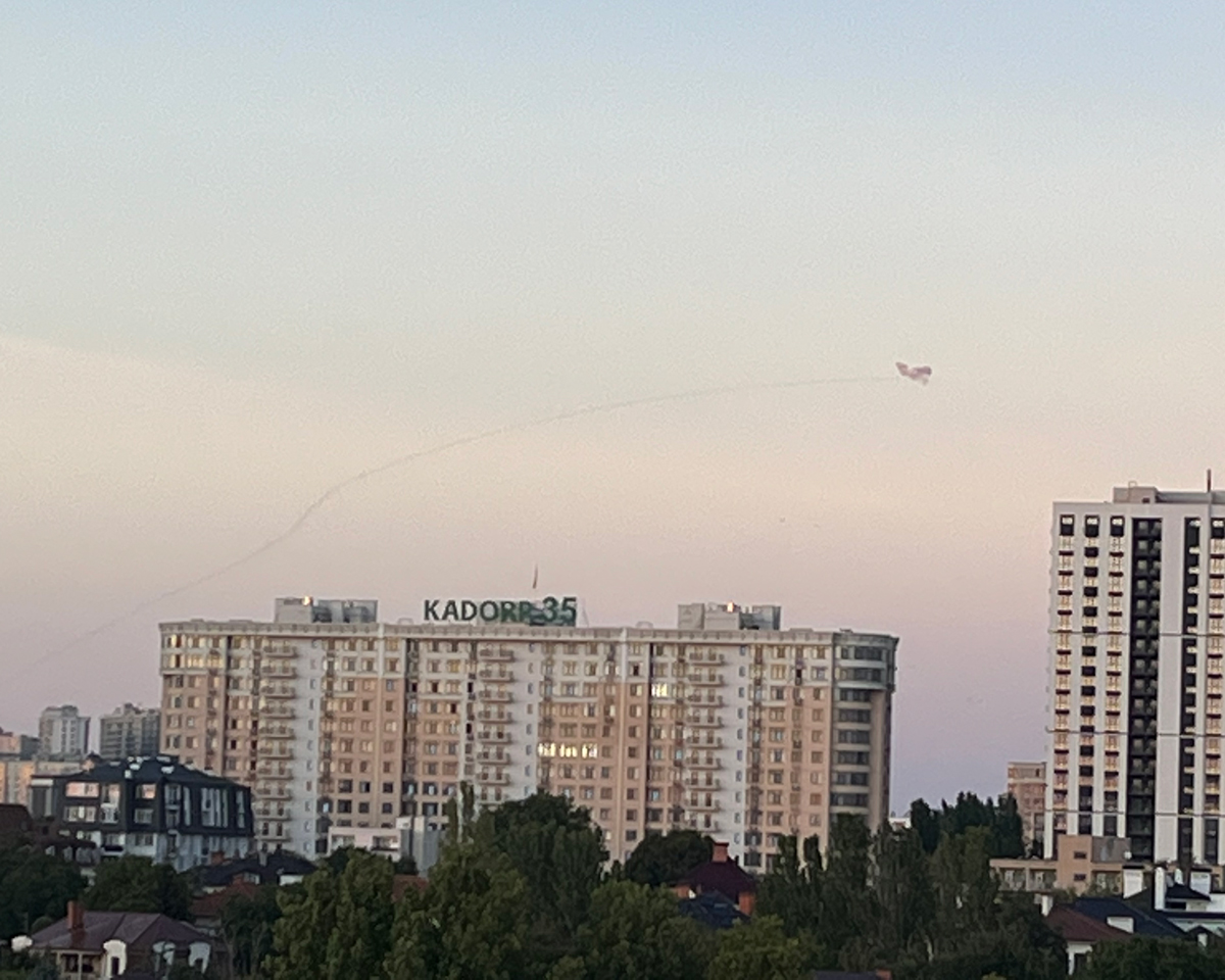 Smoke trail from an air defence missile after destroying an incoming Shahed drone.